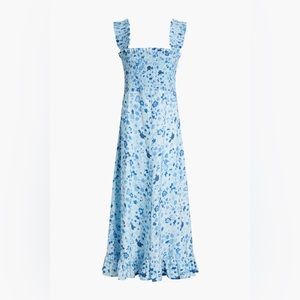 Ganni Blue Floral Ruffled Smocked Cotton Midi Dress